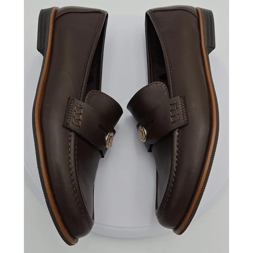Anne Klein AK Brown Soft Leather iFlex Dress Penny Loafers Gold Logo W/7.5 NWOB